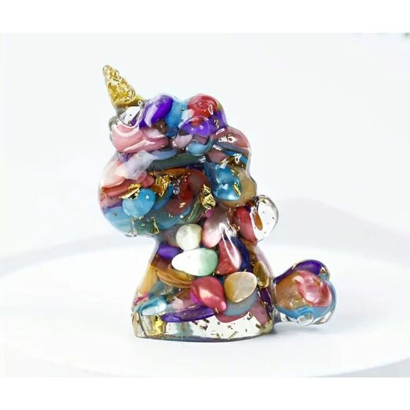 New!  Crushed Genuine Crystal Stone and Resin Unicorn in Multicolor with Gold - Picture 1 of 2